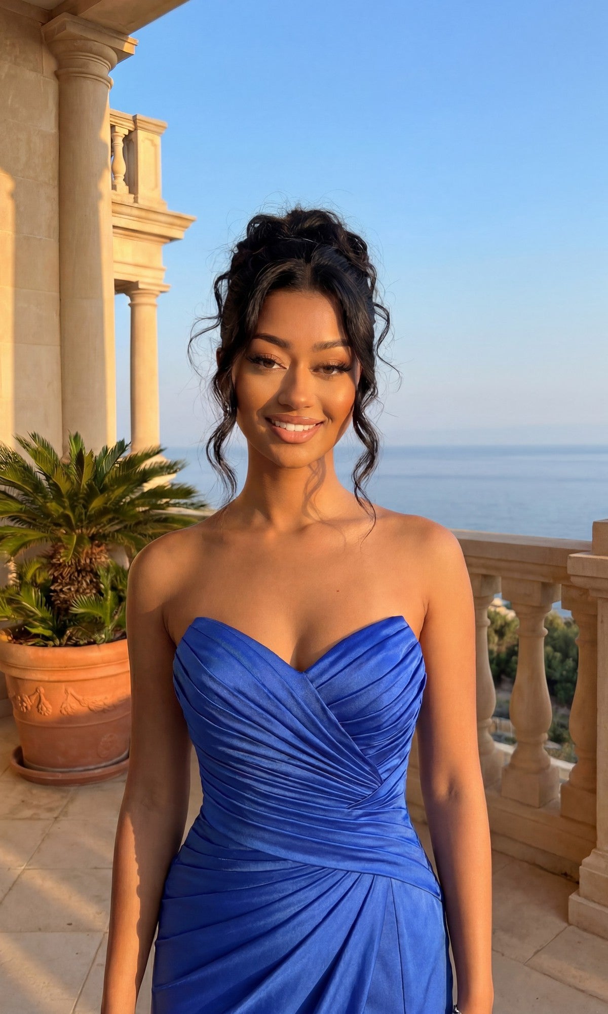 Wearing the Long Pleated Prom Dress: PromGirl Exclusive 250062, a woman stands smiling on a columned balcony with the sea and clear sky behind her.